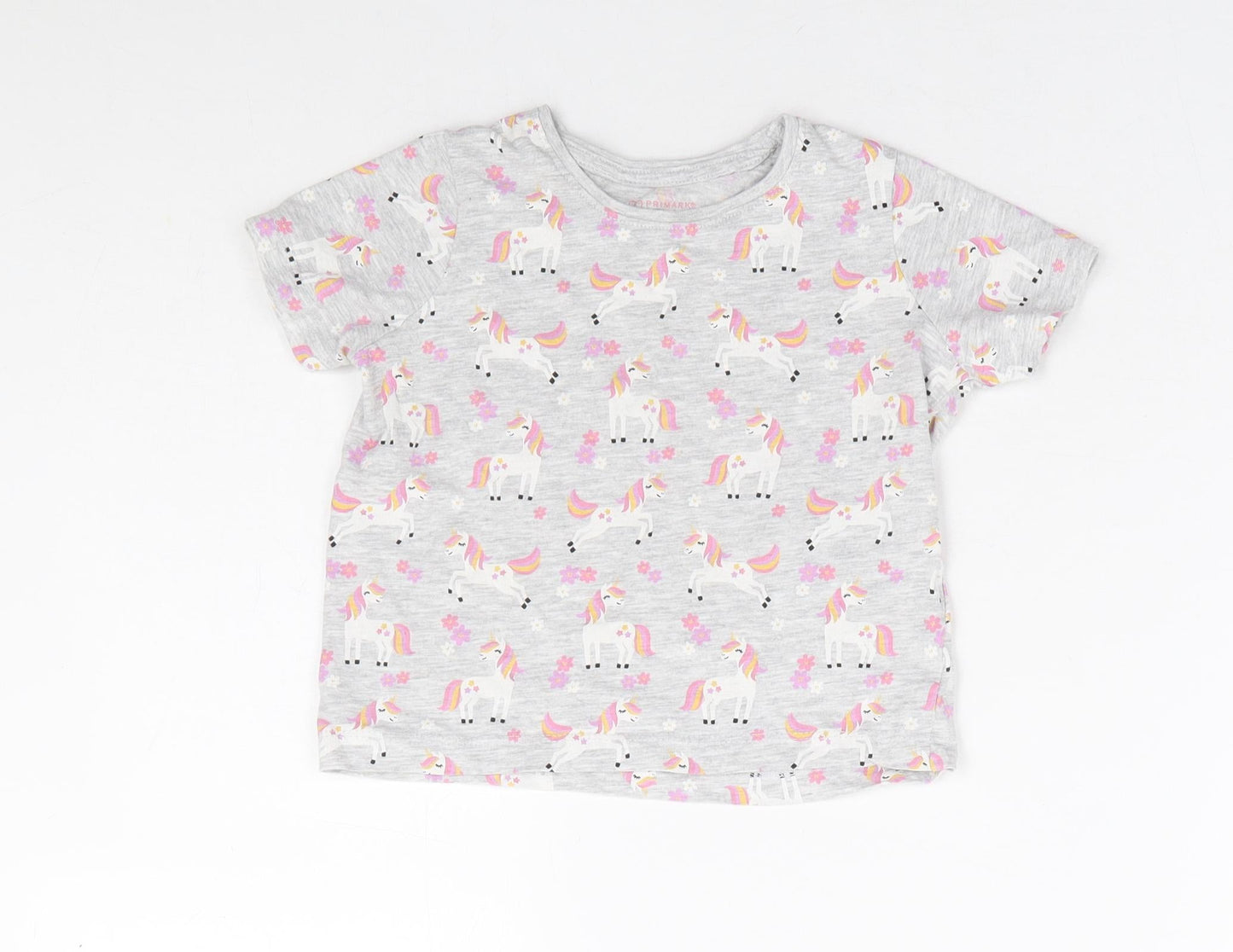 Primark Girls Grey Geometric Cotton Basic T-Shirt Size 2-3 Years Round Neck Pullover - Unicorn