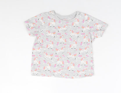 Primark Girls Grey Geometric Cotton Basic T-Shirt Size 2-3 Years Round Neck Pullover - Unicorn