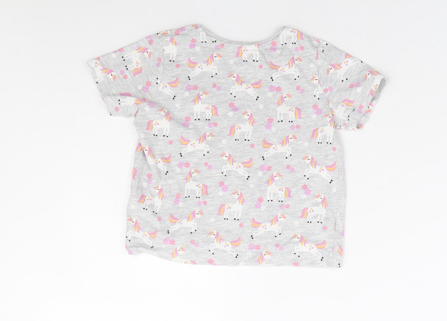Primark Girls Grey Geometric Cotton Basic T-Shirt Size 2-3 Years Round Neck Pullover - Unicorn