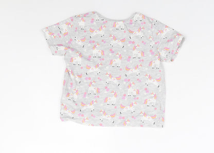 Primark Girls Grey Geometric Cotton Basic T-Shirt Size 2-3 Years Round Neck Pullover - Unicorn