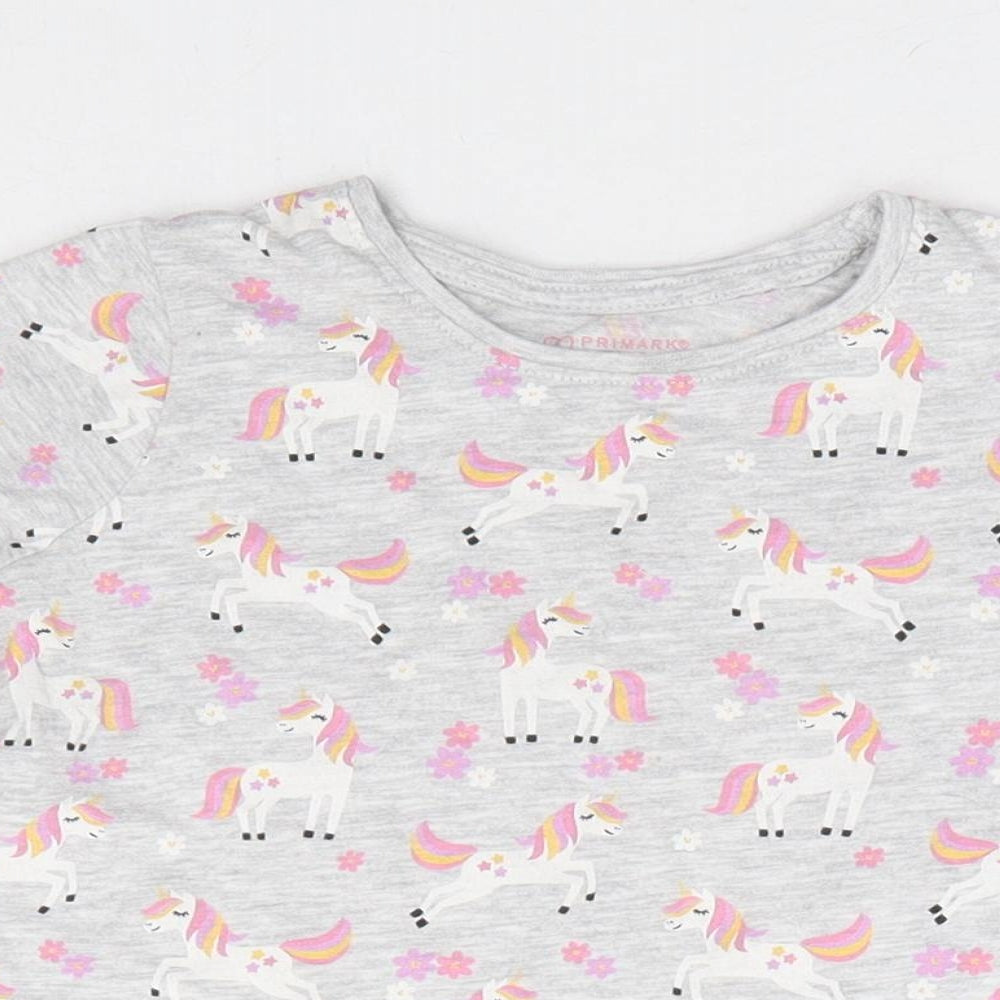Primark Girls Grey Geometric Cotton Basic T-Shirt Size 2-3 Years Round Neck Pullover - Unicorn