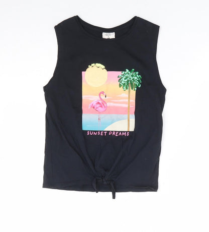 Dieter Braun X H&M Girls Black 100% Cotton Basic Tank Size 9-10 Years Round Neck Tie - Flamingo, Sunset Dreams
