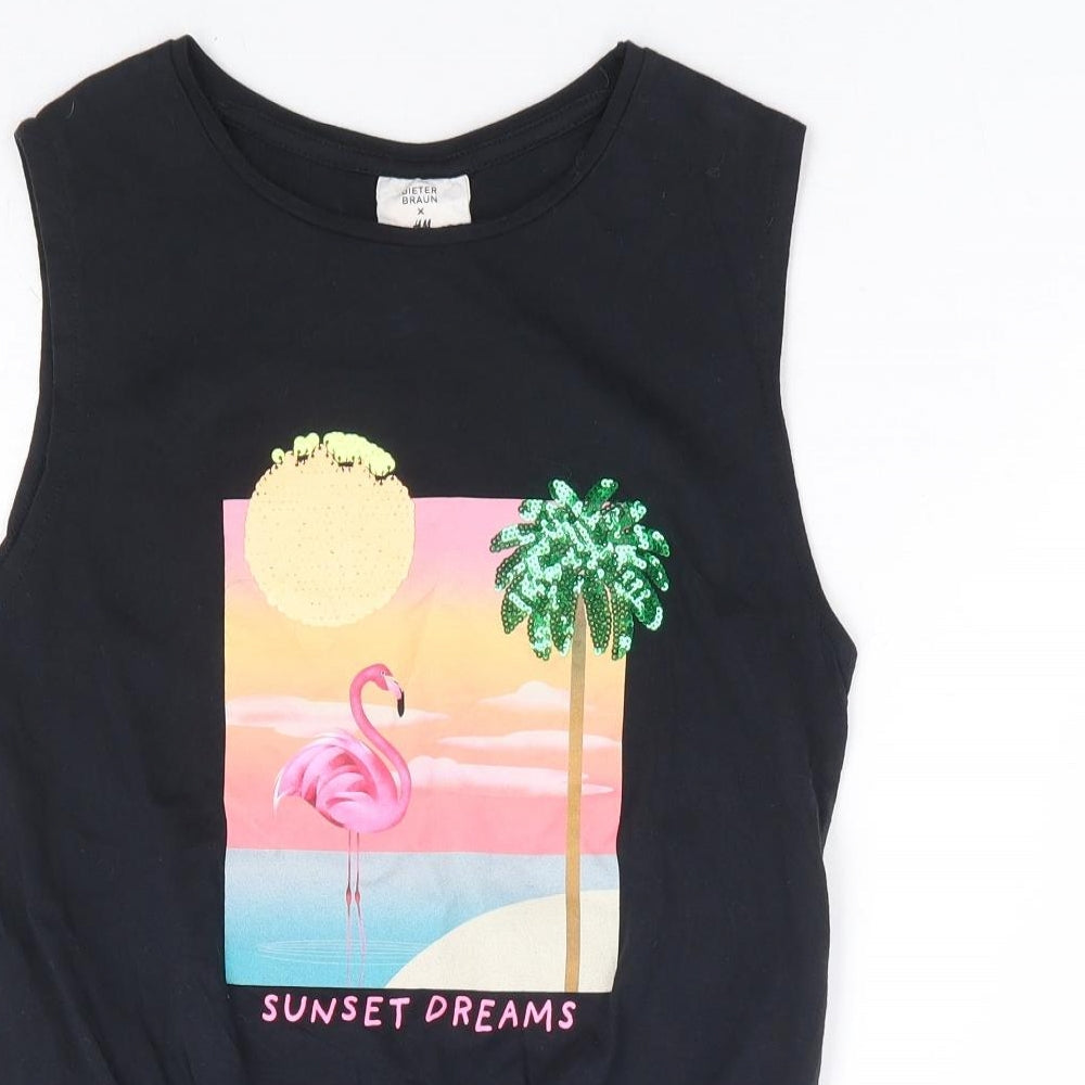 Dieter Braun X H&M Girls Black 100% Cotton Basic Tank Size 9-10 Years Round Neck Tie - Flamingo, Sunset Dreams