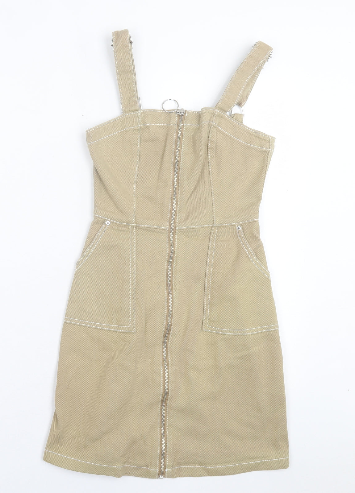 H&M Womens Brown Cotton Pinafore/Dungaree Dress Size 4 Square Neck Zip