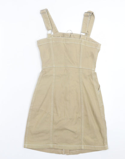 H&M Womens Brown Cotton Pinafore/Dungaree Dress Size 4 Square Neck Zip