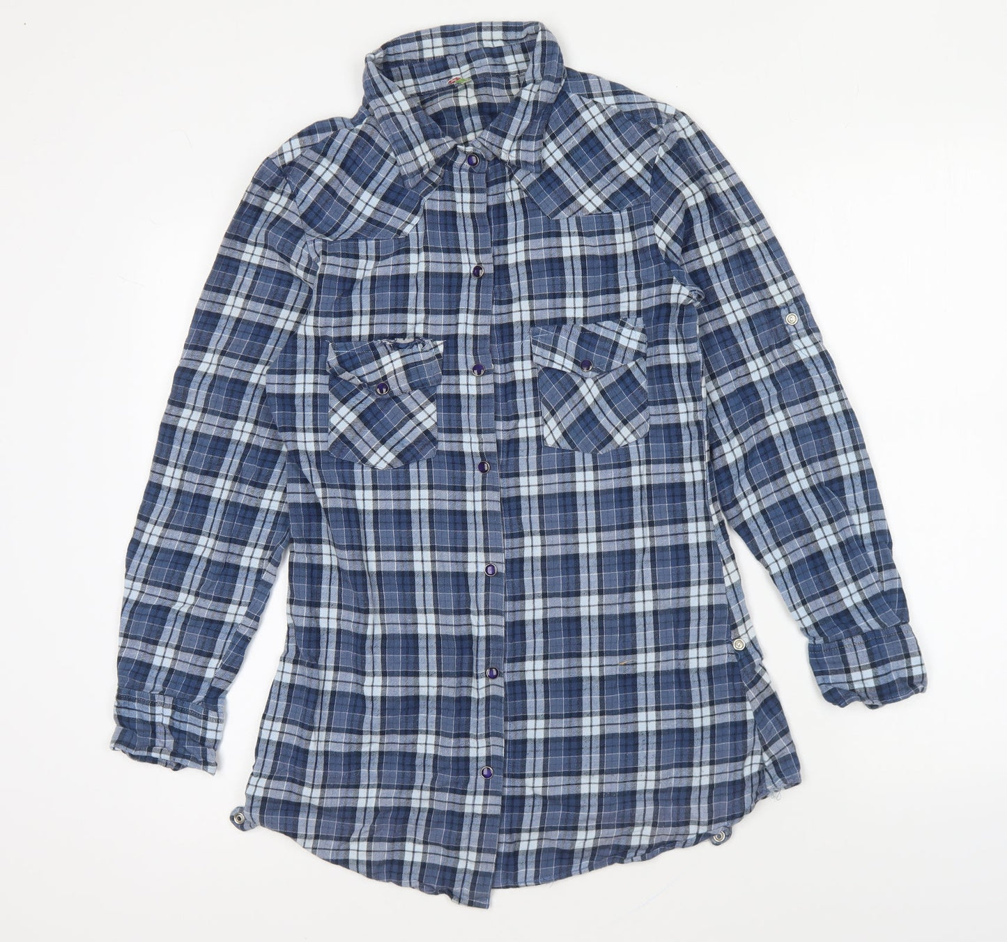 Denim & Co. Womens Blue Plaid Cotton Basic Button-Up Size 8 Collared