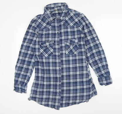 Denim & Co. Womens Blue Plaid Cotton Basic Button-Up Size 8 Collared