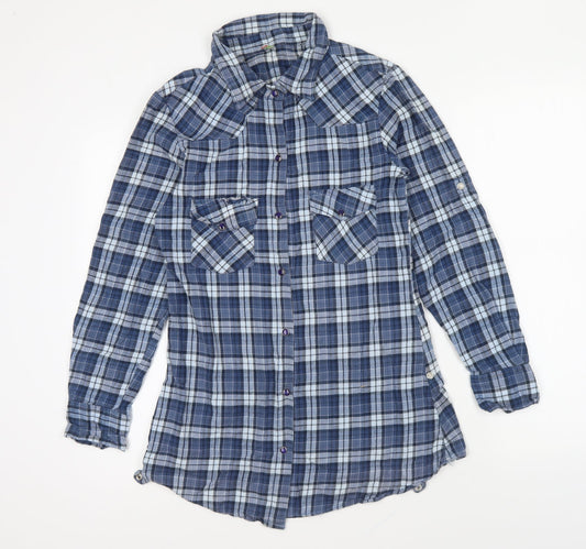 Denim & Co. Womens Blue Plaid Cotton Basic Button-Up Size 8 Collared