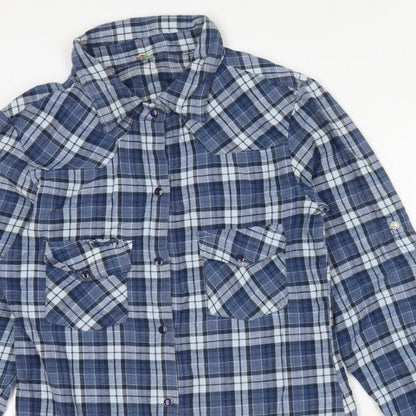 Denim & Co. Womens Blue Plaid Cotton Basic Button-Up Size 8 Collared