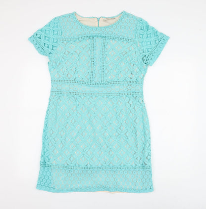 Oasis Womens Blue Geometric Cotton Shift Size L Round Neck Zip