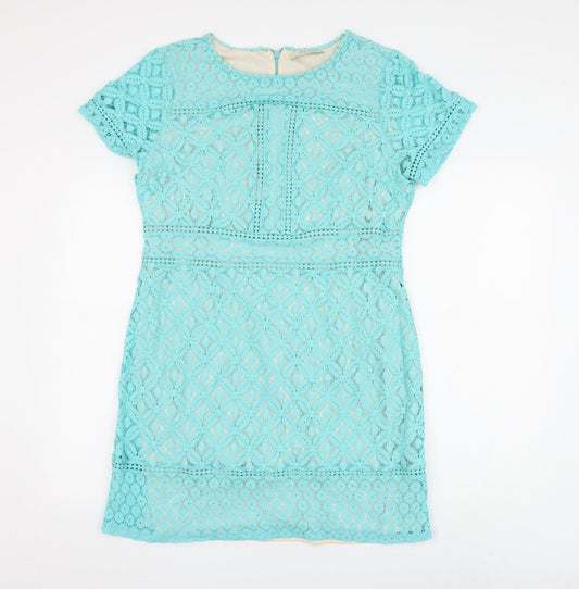 Oasis Womens Blue Geometric Cotton Shift Size L Round Neck Zip