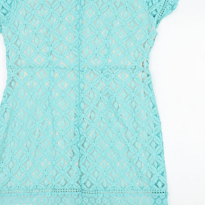 Oasis Womens Blue Geometric Cotton Shift Size L Round Neck Zip