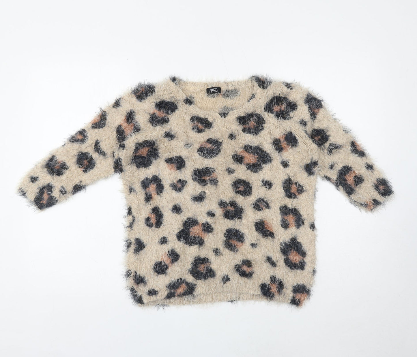 F&F Girls Beige Animal Print Nylon Pullover Casual Size 14 Years Round Neck Pullover - Leopard Print