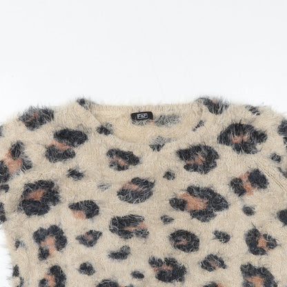F&F Girls Beige Animal Print Nylon Pullover Casual Size 14 Years Round Neck Pullover - Leopard Print