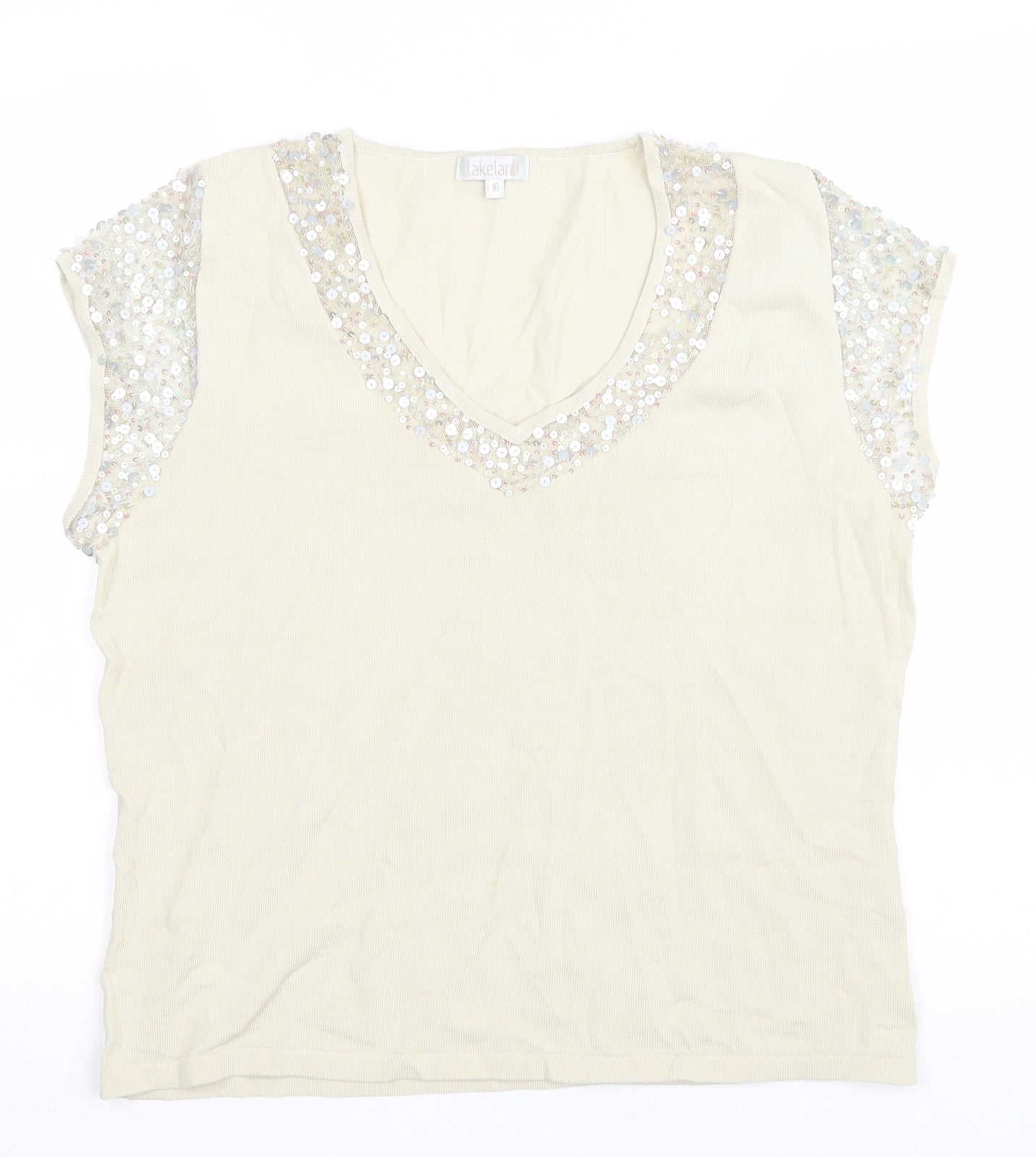 Lakeland Womens Beige Viscose Basic T-Shirt Size 16 V-Neck