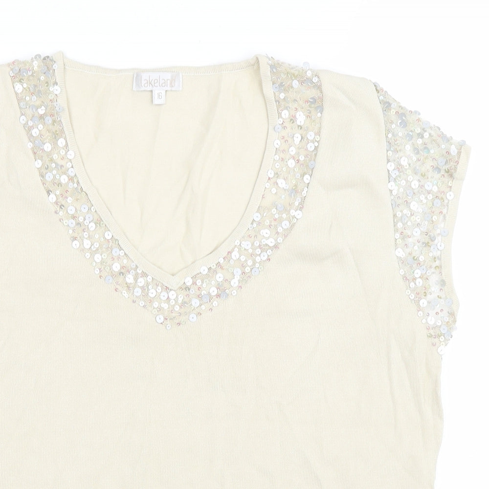 Lakeland Womens Beige Viscose Basic T-Shirt Size 16 V-Neck