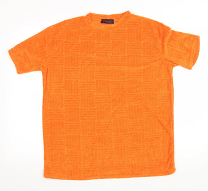 Prague Womens Orange Geometric Polyester Basic T-Shirt Size M Round Neck