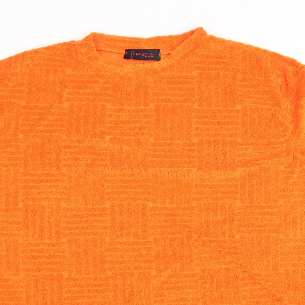 Prague Womens Orange Geometric Polyester Basic T-Shirt Size M Round Neck