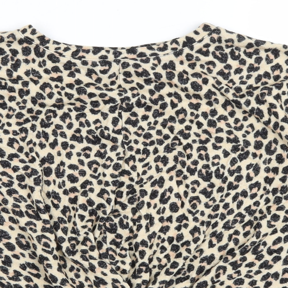 F&F Womens Beige Animal Print Viscose Basic T-Shirt Size 10 Round Neck - Knot Detail