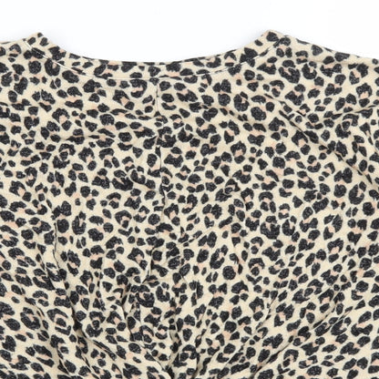 F&F Womens Beige Animal Print Viscose Basic T-Shirt Size 10 Round Neck - Knot Detail