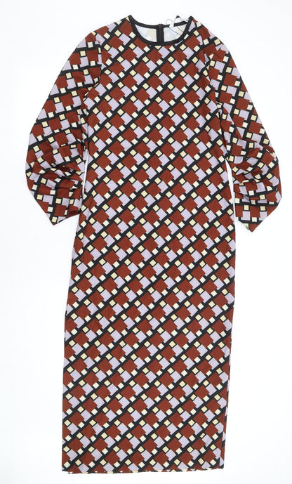 Zara Womens Brown Geometric Polyester A-Line Size S Round Neck Zip