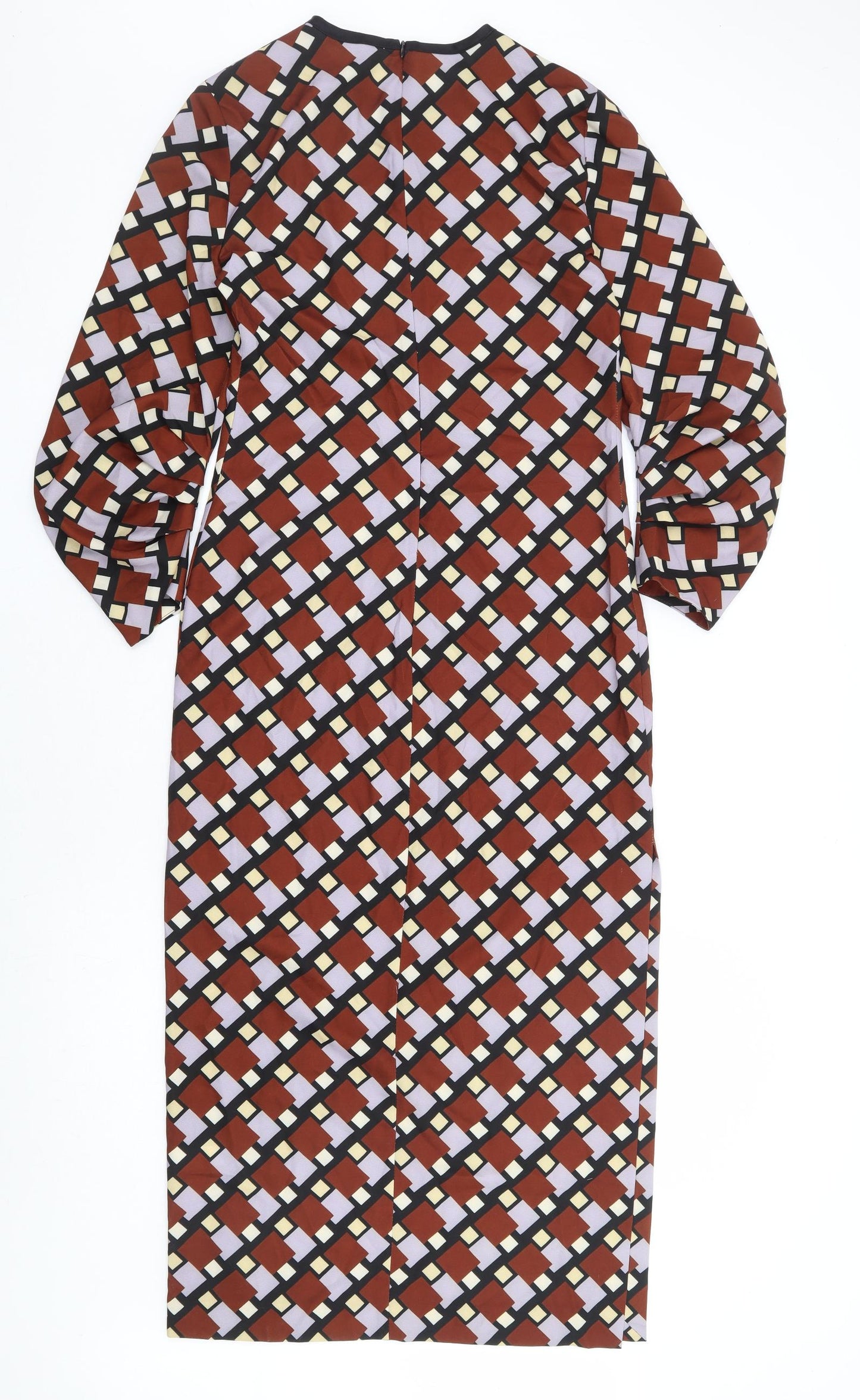 Zara Womens Brown Geometric Polyester A-Line Size S Round Neck Zip