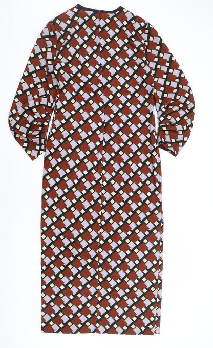 Zara Womens Brown Geometric Polyester A-Line Size S Round Neck Zip
