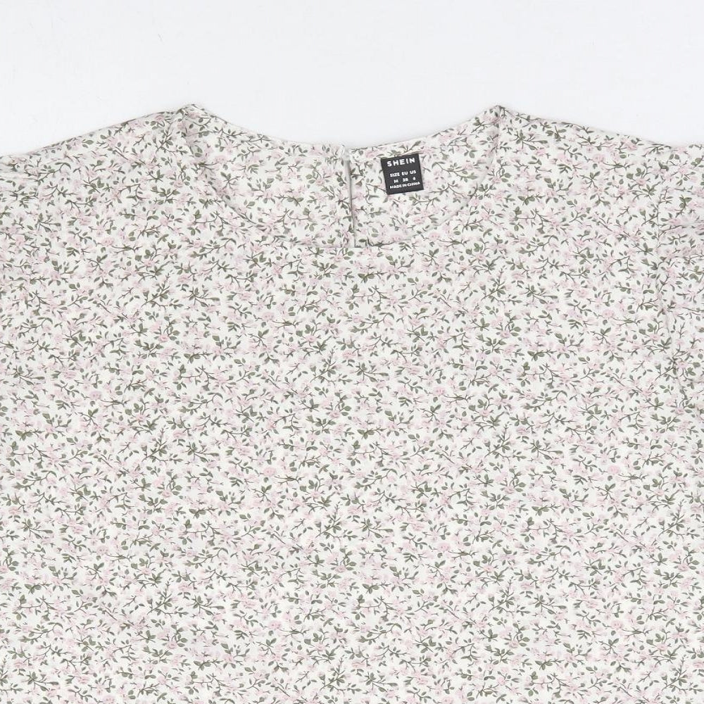 SheIn Womens White Floral Polyester Basic T-Shirt Size M Round Neck