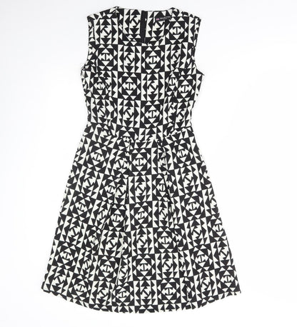 Collection Womens Black Geometric Polyester Skater Dress Size 8 Round Neck Zip