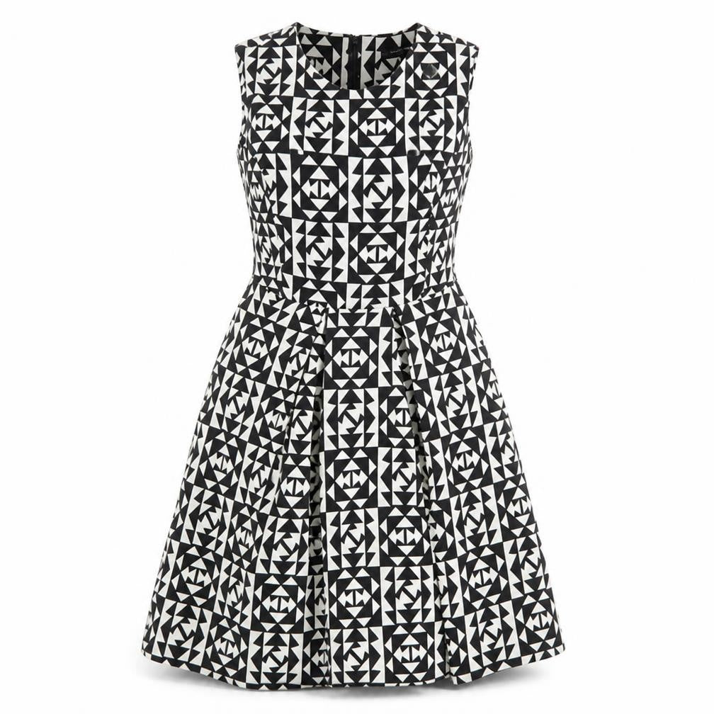 Collection Womens Black Geometric Polyester Skater Dress Size 8 Round Neck Zip
