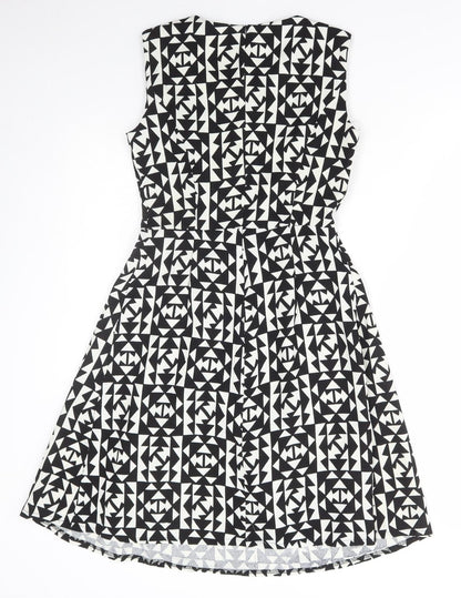 Collection Womens Black Geometric Polyester Skater Dress Size 8 Round Neck Zip