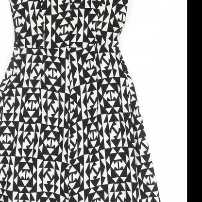 Collection Womens Black Geometric Polyester Skater Dress Size 8 Round Neck Zip