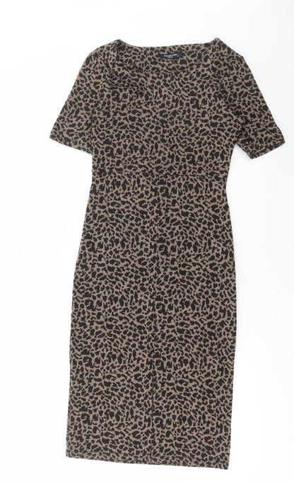 Collection Womens Brown Animal Print Polyester Bodycon Size 8 Round Neck Pullover - Leopard Print
