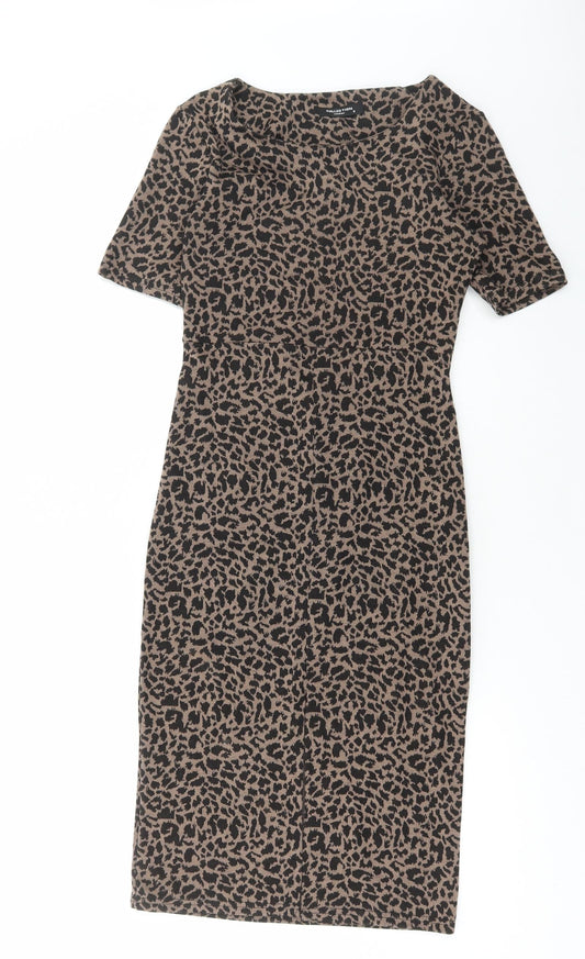 Collection Womens Brown Animal Print Polyester Bodycon Size 8 Round Neck Pullover - Leopard Print