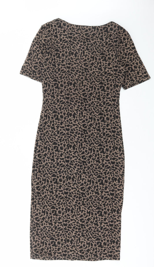 Collection Womens Brown Animal Print Polyester Bodycon Size 8 Round Neck Pullover - Leopard Print