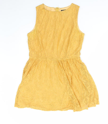 Affair Womens Yellow Polyamide Skater Dress Size 12 Round Neck Zip