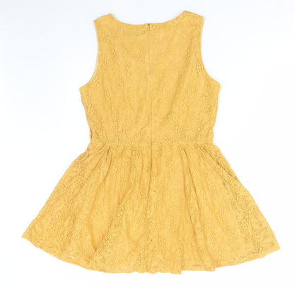 Affair Womens Yellow Polyamide Skater Dress Size 12 Round Neck Zip