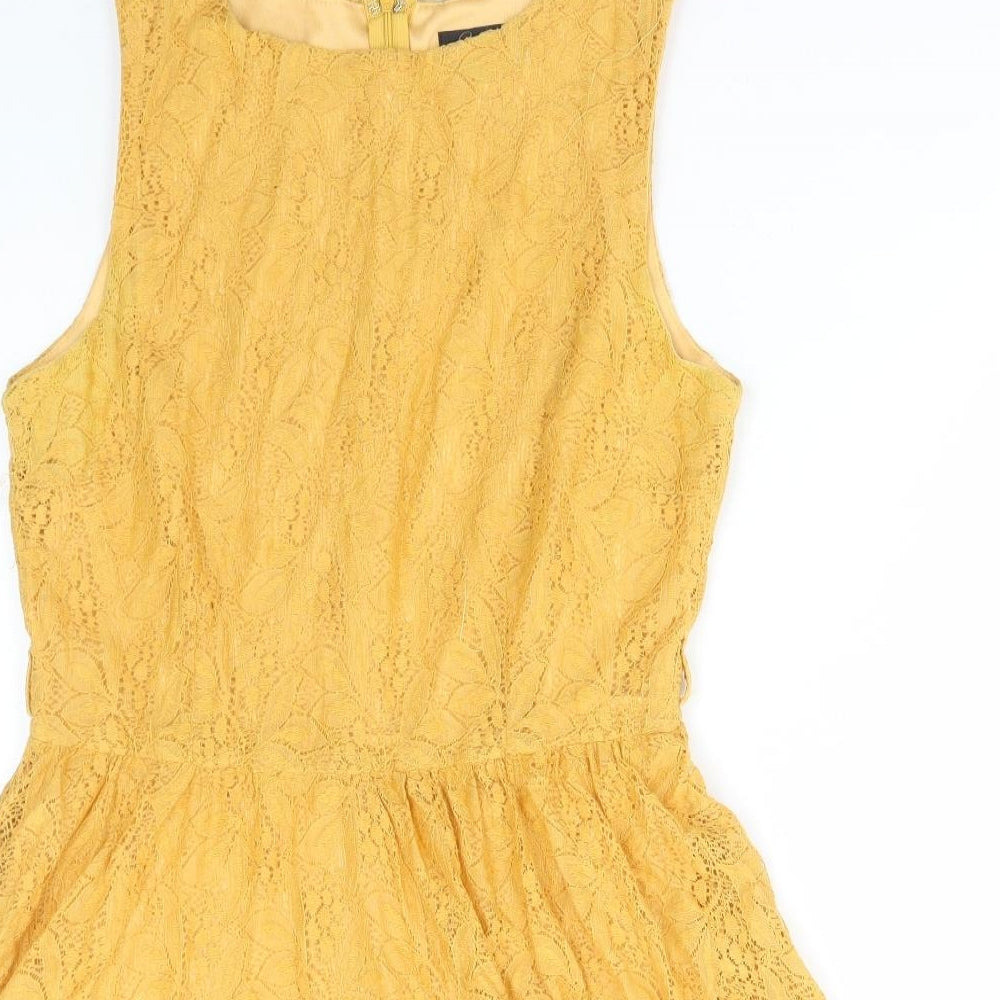 Affair Womens Yellow Polyamide Skater Dress Size 12 Round Neck Zip