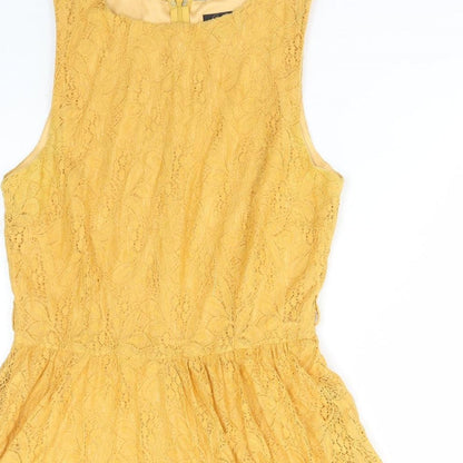 Affair Womens Yellow Polyamide Skater Dress Size 12 Round Neck Zip
