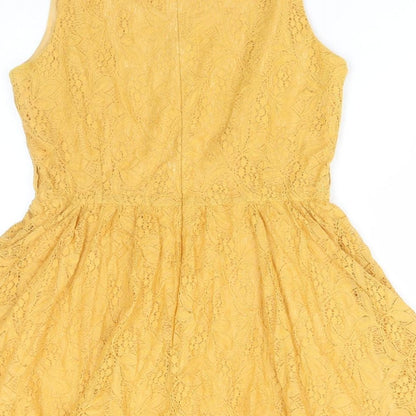 Affair Womens Yellow Polyamide Skater Dress Size 12 Round Neck Zip