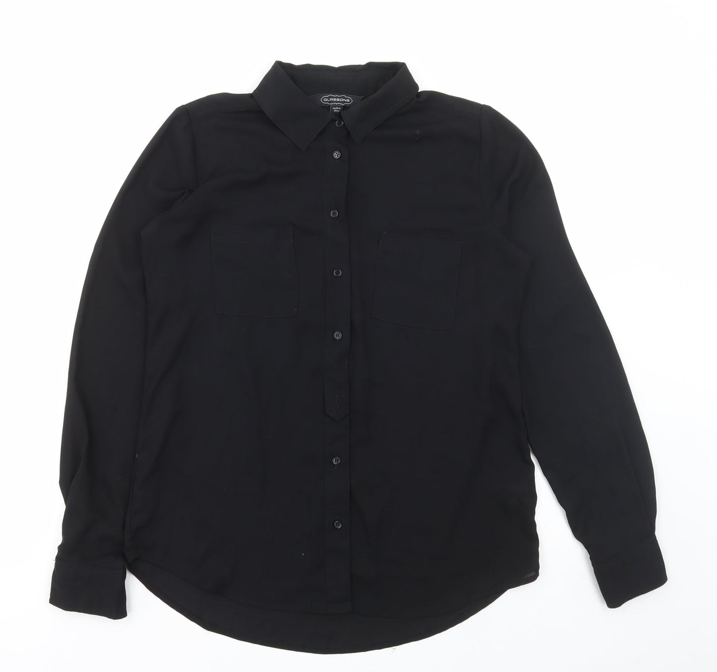 Glasson Womens Black Polyester Basic Button-Up Size 8 Collared