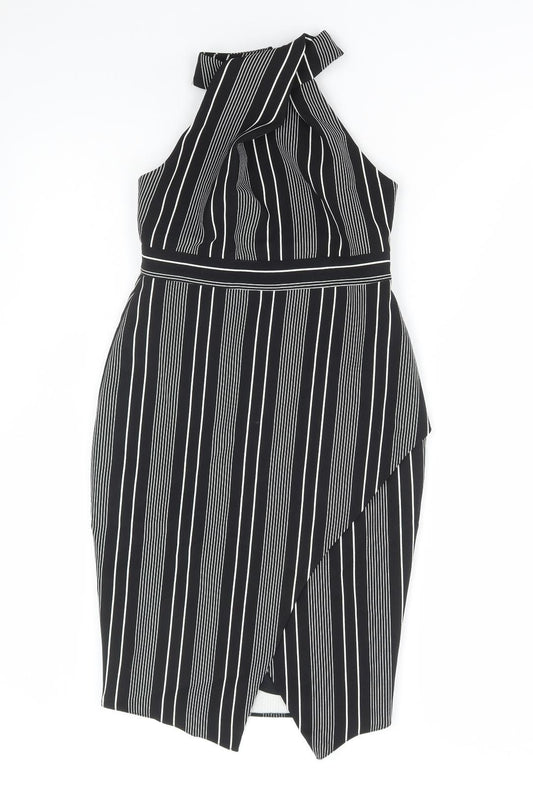 River Island Womens Black Striped Polyester Bodycon Size 6 High Neck Zip