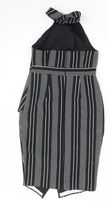 River Island Womens Black Striped Polyester Bodycon Size 6 High Neck Zip