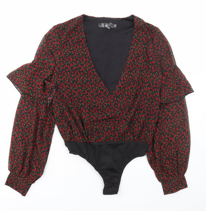 Missguided Womens Black Floral Polyester Bodysuit One-Piece Size 8 Pullover