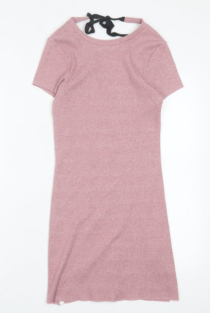 River Island Womens Pink Cotton A-Line Size 6 Crew Neck Tie