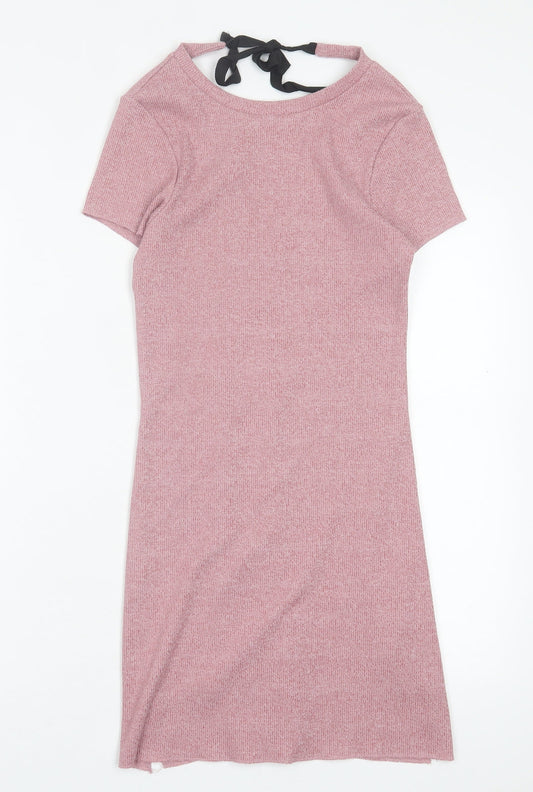 River Island Womens Pink Cotton A-Line Size 6 Crew Neck Tie
