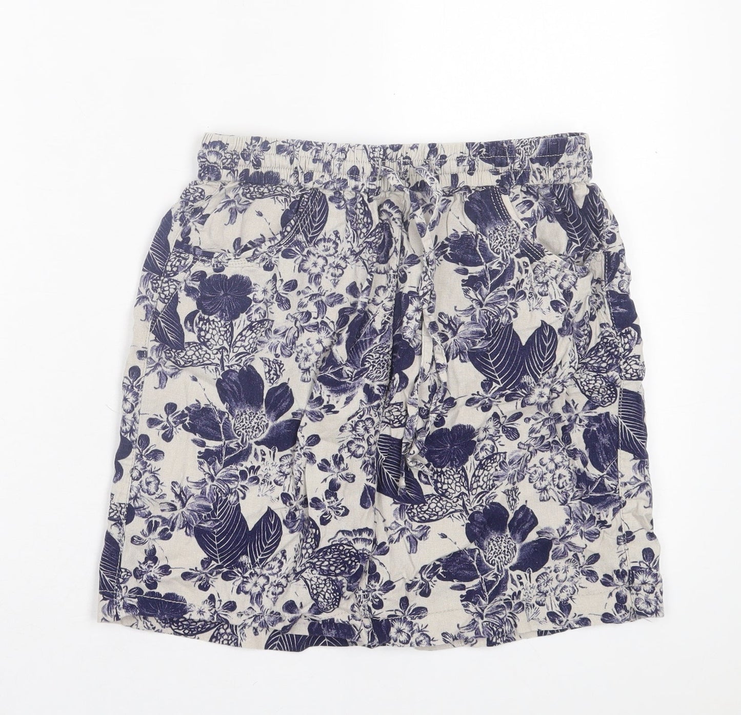 George Womens Blue Floral Linen A-Line Skirt Size 10 Drawstring