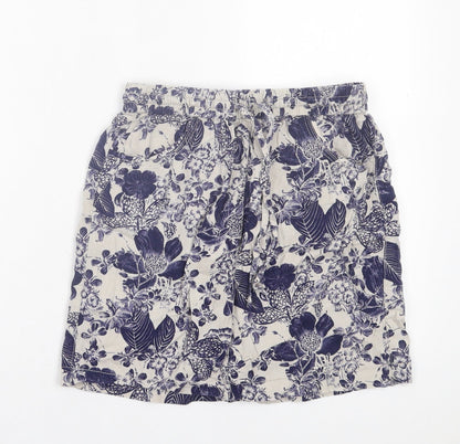 George Womens Blue Floral Linen A-Line Skirt Size 10 Drawstring