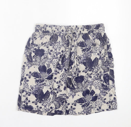 George Womens Blue Floral Linen A-Line Skirt Size 10 Drawstring