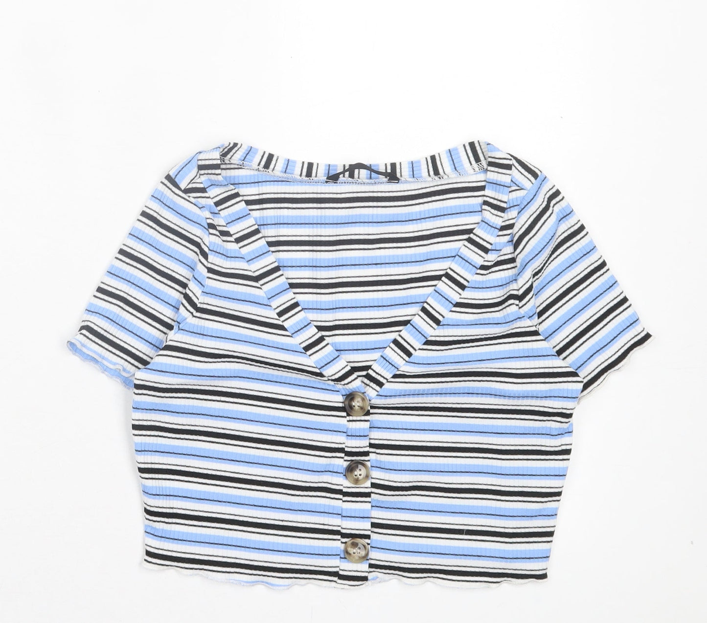 SheIn Womens Blue Striped Polyester Cropped T-Shirt Size XS V-Neck